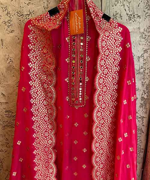 Pure banarsi Georgette Shirt with overall zari booties with very beautiful Mirror work neckline
